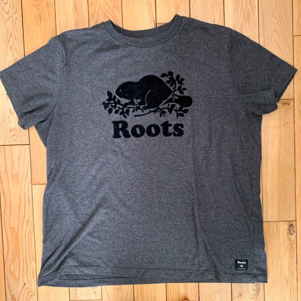 Roots Canada Logo Tee Men's Large Gray Big Emblem Outdoor Activewear